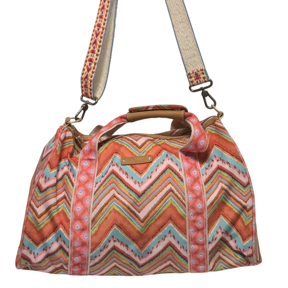 Dena Designs Canvas‎ Weekender Bag Large Crossbody Tote Aztec Zigzag Pink Orange